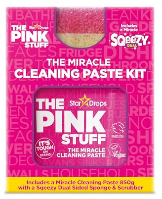 The Pink Stuff Miracle Cleaning Paste Kit – Include 850 g di pasta detergente The Pink Stuff Miracle e una spugna abrasiva Miracle Sqeezy a doppio lato, detergente multiuso per superfici