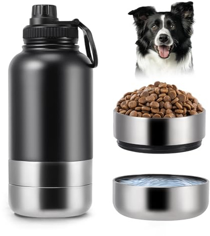 Trinkflasche Hunde Für Unterwegs,4 in 1 Hundetrinkflasche für Unterwegs 1000ml, Isolierflasche aus Edelstahl, Hundezubehör für Reise, Trinkflasche Hund mit Wassernapf und Futternapf, BPA-Frei
