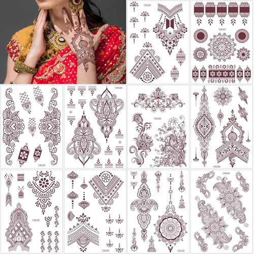 10 Sheets Brown Henna Tattoo Kit for Women Girls, Waterproof Brown Temporary Tattoo Kits, Lotus Mandala Flower Temporary Tattoos Neck Chest Arm
