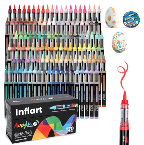 Infiart 120 Farben Acryl Marker Pinsel Spitze Automatische Tinte Steuerung Farbe Stifte Schnelltrocknen Acryl Marker Set für Weihnachten Dekorationen, Glas, Stein, Holz