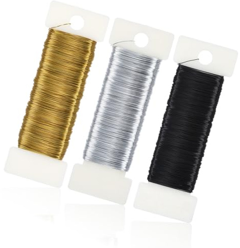 3 Farben Basteldrähte, Blumendraht Dünn Eisen Draht zum Basteln Schmuckdraht Bindedraht Floristendraht Silberdraht Wire Basteldraht Steckdraht DIY Deko, Basteldraht Gold, Silber, Schwarz 50M x 0,35mm