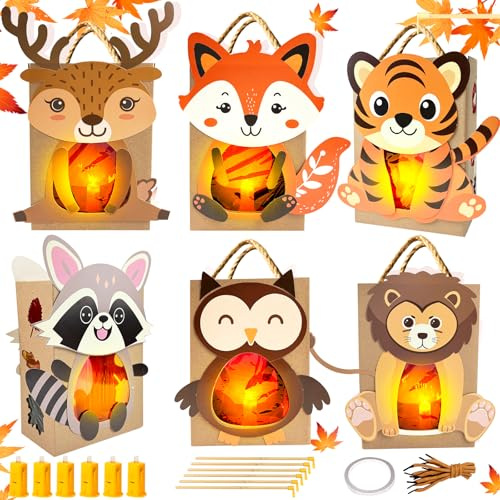 TISMHGKU Herbst Laternen Bastelset,6 PCS Laternen Bastelset Kinder,Bastelset Herbst Kinder,zum Basteln Fuchs Eule Waschbär Hirsch Tiger Löwe mit Laternenstab,DIY Herbsttiere Papierlaternen Bastelsets