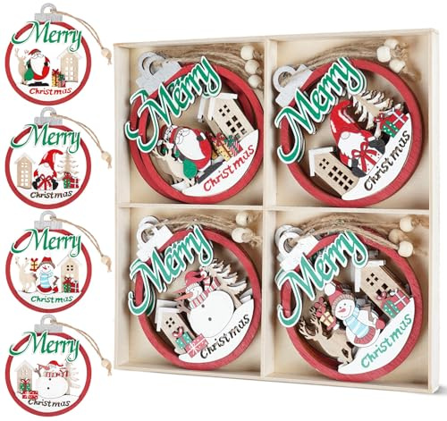 Mocraft Weihnachtsdeko Holz Rot Set, 12 Stück Weihnachtsanhänger in 4 Motive (Santa, Elfe, 2 Schneemänner) Kugelförmige Holzanhänger – Ø 10cm mit Hanfseil – Rustikaler Christbaumschmuck in Holzbox