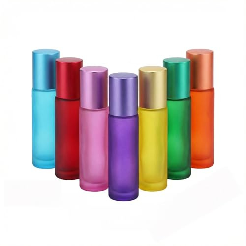 Frdelma Flacons roll-on en verre de 10 ml, lot de flacons roll-on vides colorés on vides de 10 ml pour huiles essentielles, parfums, mélanges d'aromathérapie, gloss à lèvres (7 couleurs)