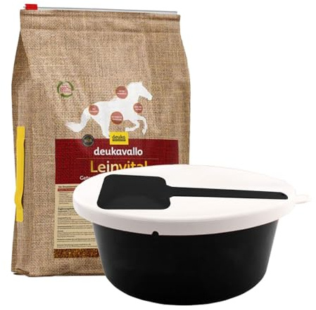 Deukavallo - Set di mangimi per cavalli, semi di lino, senza cereali, 6 kg + 5 l, ciotola con coperchio e cucchiaio da maschera, cibo per cavalli sensibili e cambio del pelo (nero)