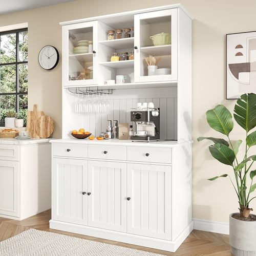 ECLIVON Alacena de Cocina con Toma de Corriente, Cocina Armario, Blanco | Para Comedor Cocina, Con Cajones y Estante Ajustable, Mueble Auxiliar con Colgador de Copas, Aparador Alta con Puerta