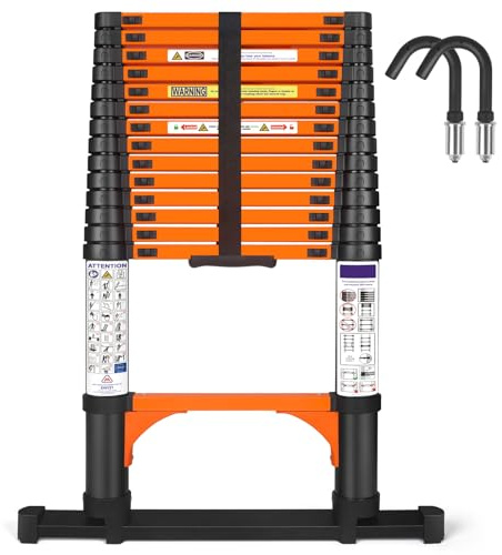 Echelle Telescopique 4,4 m - Échelle Retractable Extensible de Haute Qualité avec Stabilisateurs et Crochet Amovible, Échelle Droite Robuste et Portable pour Maison, Camping‑Cars et Greniers