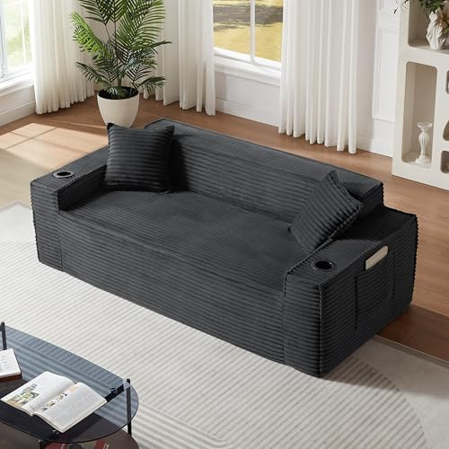 Cloud Loveseat Boneless Sofa Couch in a Box with Cupholders, Modern Corduroy Compressed Sofa for Living Room, 3 Seater High-Density Foam Couch with Pillows, No Assembly Required