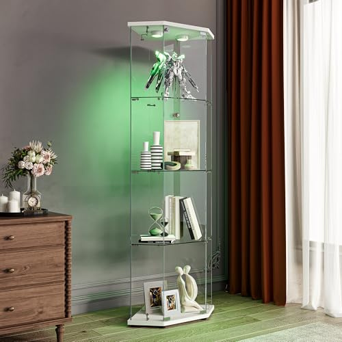 WOBOPCG glasvitrinskåp med LED, stående glasvitrinskåp, 4 lager glas och träbas, vitrinskåp i glas, 1 dörr och lås, vitrinskåp, glasskåp, displayskåp, samlarvitrinskåp (vit-2)
