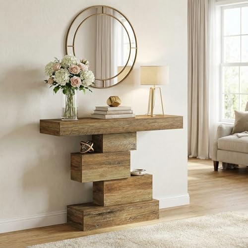 Lailang 108cm Konsolentisch, Tisch Im Industriestil, Ablagetisch, Konsolentisch Holz, Eingangstisch Wohnzimmer, Schmaler Flurtisch, 108 x 30 x 80 cm, Rustikales Braun