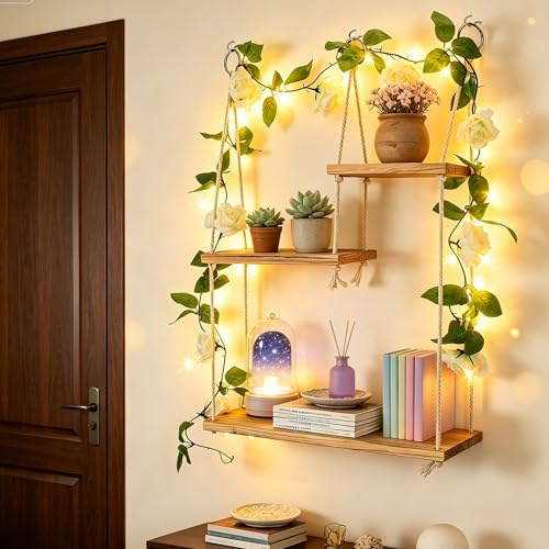 Strixorn 3er Wandregal Holz für Pflanzen mit Lichterketten & künstliche Ranken, Makramee Wandbehang Regal Wand Wandregal Boho Style Deko Schweberegal Hängeregal Für Wohnzimmer Schlafzimmer Badezimmer