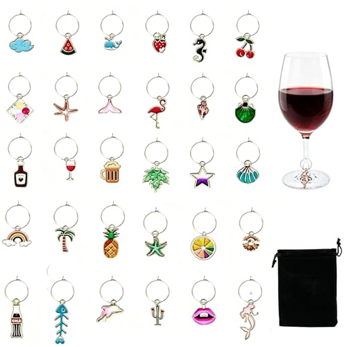 ikBrtaiay 30 Stück Weinglas Anhänger, Weinglas Markierer, Glasanhänger mit Aufnahmebeutel, Glas Markierung Trinkgläser Glasmarkierer für Wein Glas Champagner Glasmarker Partydekoration