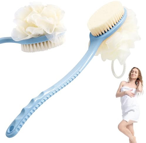 Simsky Rückenbürste Dusche mit Langem Griff, Badebürste & Massagebürste mit Borsten und Loofah, Natürliche Borsten für Hautpeeling Massage, Blau