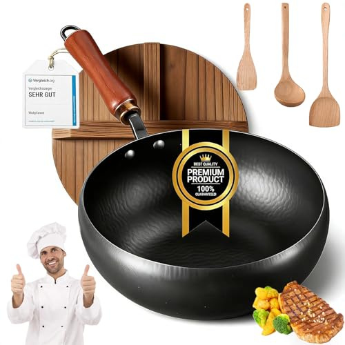 NNBWLMAEE Japanese Cast Iron Wok Pan - Uncoated Healthy Cooking Pot with Lid, 24/26/28cm Cast Iron Pot, Frying Pan Set with Lid Non Stick,Family-Sized&Work on All Stovetop (Wooden Lid,24cm)