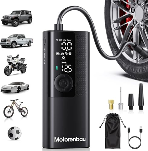 Motorenbau Gonfiatore Portatile per Pneumatici con compressore – Mini Pompa ad Aria Senza Fili con manometro Digitale, 150 PSI, Funzione di gonfiaggio rapido 3 Volte e Funzione di spegnimento