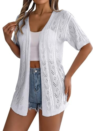 Cardigans for Women UK Soft Short Sleeve Lightweight Hollow Out Knit Beach Coverups Summer Solid Color Open Front Casual Tops for Vacation
