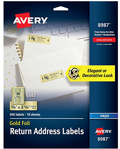 Avery Printable Return Address Labels, 0.75 x 2.25, Gold Foil, 300 Blank Mailing Labels (08987)