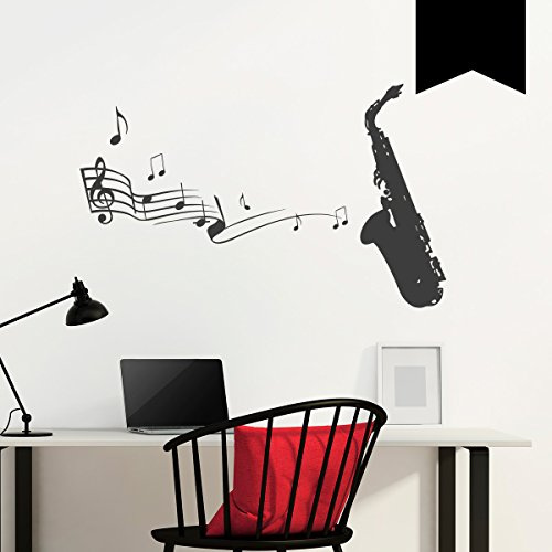 WANDKINGS Wandtattoo - Saxophon mit Noten - 125 x 75 cm - Schwarz - Wähle aus 6 Größen & 35 Farben