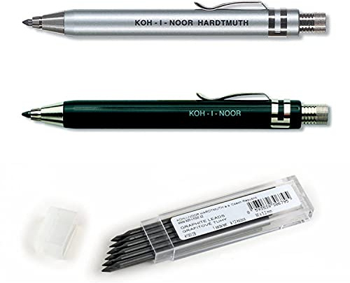KOH-I-NOOR 5358 - Metalldruckbleistifte mit Minenspitzer und Clip - 3er SET - Minenst?rke 3.2 mm - SCHWARZ und SILBER und 12er Pack GRAPHITMINEN 2B