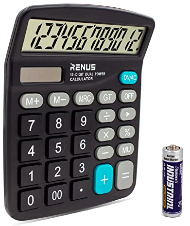 RENUS Electronic Desktop Calculator - 12 Digit Large Display, Solar Battery LCD Office Calculator