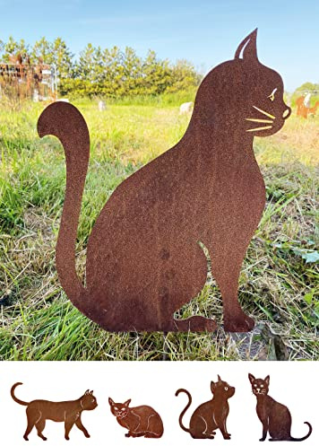Gartenfigur Katze sitzend 45x35cm Gartenstecker Edelrost Gartendeko Wetterfest Rost Metall Rostfigur Katzen Figur Tier von Steinfigurenwelt