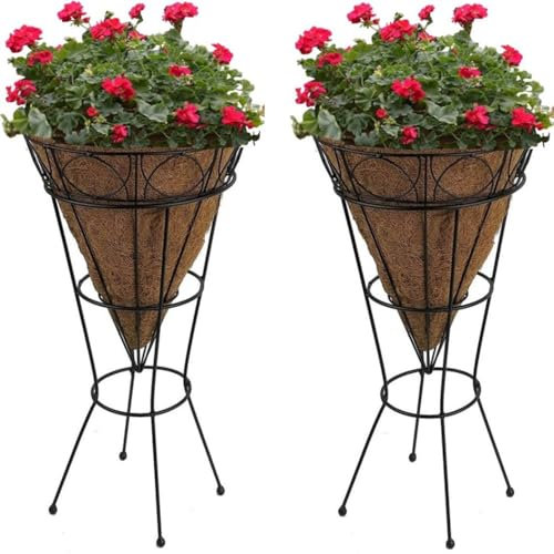 2 x Cone Shaped Jardiniere Planter Coco Liner Raised Metal Frame Freestanding Natural Coconut Planter Outdoor Plant Stand Garden Décor Basket Decoration for Flowers Plants Floral Displays