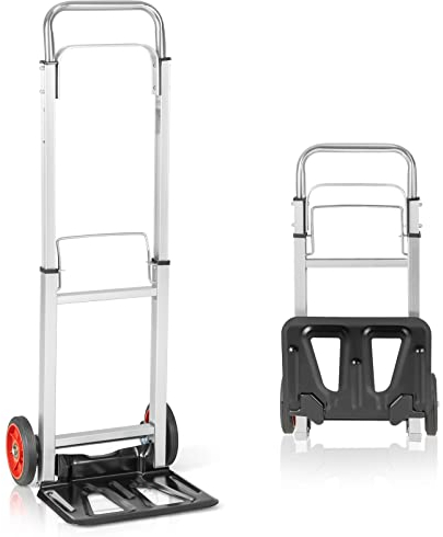 TANGZON Folding Hand Truck, Heavy Duty Sack Barrow with Telescopic Handle & 2 All-Terrain Wheels, Lightweight Aluminium Dolly Cart Luggage Trolley for Home Office Warehouse Garage, 100KG Capacity