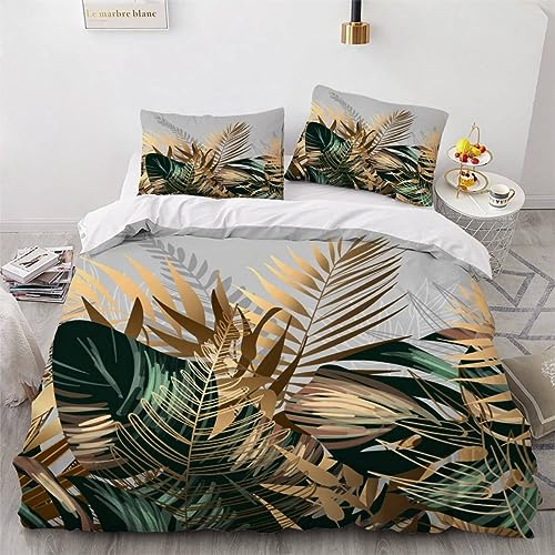 VIMOOR Housse de Couette 200x200 Feuille Palmier Tropical Parure de Lit 2 Personnes Ado Fille Enfant 3 Pièces avec Fermeture Éclai et 2 Taie d'oreiller 3D Or Vert Douce Microfibre Ensemble de Literie