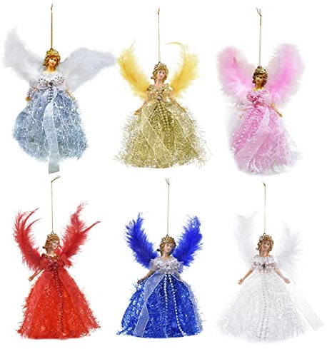 6 Weihnachtsengel Baumspitze - Weihnachtsbaum Engel Topper Mit Flügeln | Engel Weihnachtsbaumspitzen Mit Federflügel Für Weihnachtsdekorationen | Engel Christbaumspitze | Engel Anhänger Geschenke