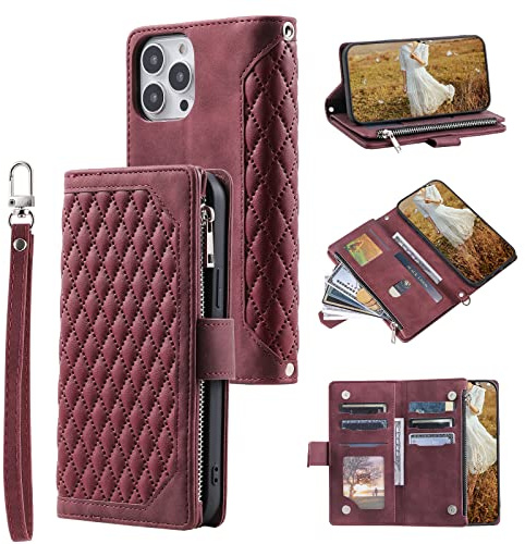 QLTYPRI Wallet Case for iPhone 15 Pro Max,Luxury Quilted PU Leather Wallet Case with Card Slots for Women,Magnetic Zipper Purse Case with Wrist Strap Kickstand Shockproof Flip Cover-Wine Red