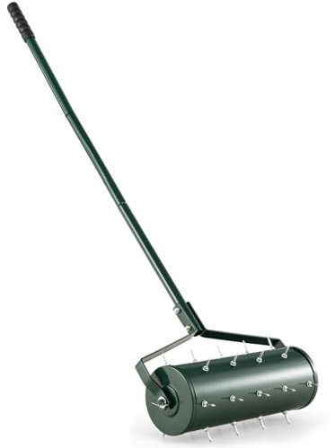 GiantexUK Outdoor Lawn Aerator, Heavy Duty 43/53cm Manual Grass Roller with Sand Filled Drum & 130cm Detachable Handle, Rolling Garden Lawn Spikes Tool for Soil Grass (45x14x130cm, Green)