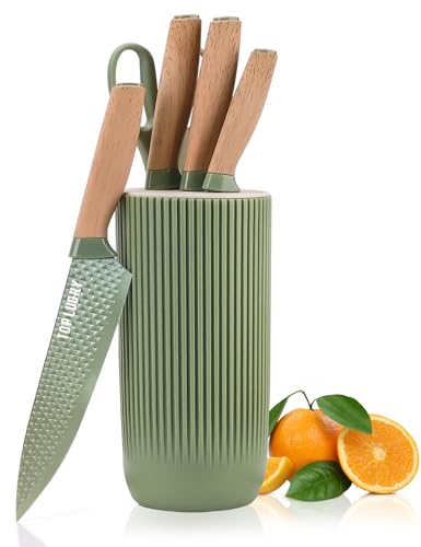 Kitchen Knife Set, 6 Pieces Green Professional Knife Set with Universal Knife Block, Super Sharp Knife Sets with Ergonomic Handle, Non-Stick Stainless Steel Knife Block Set