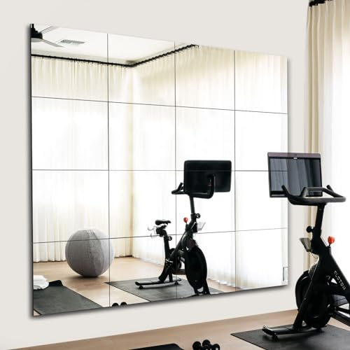 SLHOWOW Glass HD Wall Mirrors, 16 Pcs 12'' x 12'' Frameless Wall-Mounted Full Length Gym Mirrors, Large Wall Mirror Stick On Bathroom