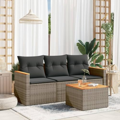 THOYTOUI 4-TLG. Garten-Sofagarnitur, Gartenlounge Outdoor Gartenset Tisch und stühle Gartengarnitur Set Outsunny gartenmöbel Geeignet für Balkon Garten Veranda Terrasse mit Kissen Grau Poly Rattan