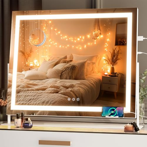 Hasipu Schminkspiegel mit Beleuchtung 65 x 54 cm, LED Kosmetikspiegel mit Handyhalterung und USB-Ladeanschluss, 360° Drehung Tischspiegel für Make-up Gerade Weiß