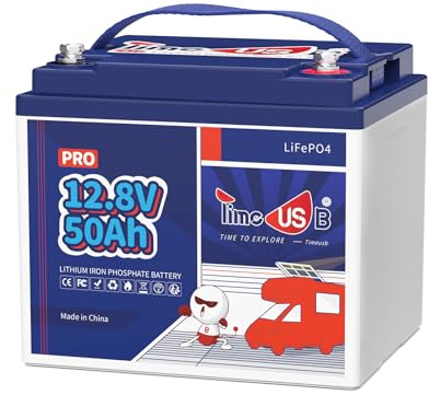 Timeusb Batería Litio 12V 50Ah LiFePO4,640Wh para Autocaravana Camper | 50A BMS Protección y 15000+ Ciclos Profundo,Baterías Recargables para Sistema Solar,Motor para Curricán,Barco,Off-gird