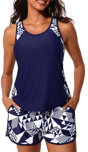 Summer Mae Blouson Tankini Swimsuits for Women 2026 Tummy Control Two Piece Bathing Suits with Sporty Pockets Swim Shorts Cube Size 16