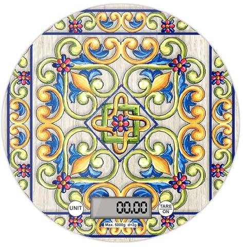 Lupia - Bilancia Digitale da Cucina in Vetro Temperato decorato MAIOLICA BEIGE D.18,5 cm, Idea Regalo con scatola bianca, Display LED, Design Elegante Bomboniera, batteria CR2032, Made in Italy