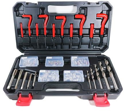 Kit de réparation de filetage hélicoïdal métrique 131 pièces en M5 M6 M8 M10 M12 avec forets HSS, tarauds, inserts filetés, installation de tarauds à vis et outil de rupture de languette, refiletage