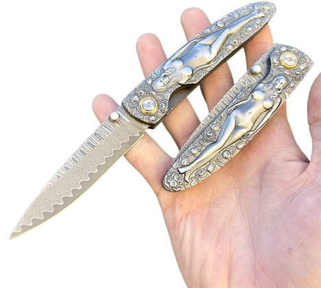 Obespina Couteau Pliant de Poche Damas Style Femme Nue Japonais Pliant Acier Damas 67 Couches VG10 Couteau de Poche Damascus lame Tranchante, Pour Collection Cadeau Homme