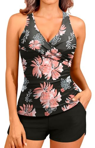 CheChury Tankinis Mujer Traje de Baño 2 Piezas Bañador Reductor Vientre Plano Bikini Push Up con Aros con Pantalones Cortos Tankini Cuello V Correas Cintura Alta Bañadores Deportivos Mujer Natacion