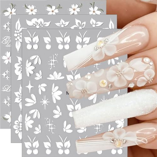 5D Geprägte Nagelsticker Blumen Nail Art Stickers Weiße Blume Nagelaufkleber Selbstklebend Nagel Sticker Floral Nail Sticker Nageldesign Aufkleber Nägel Zubehör Relief Blüte Nailart Flower Stickers