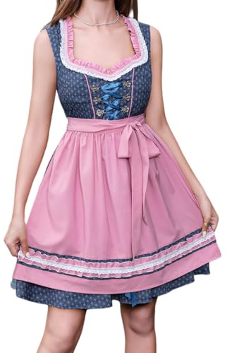 Abaowedding Dirndl vestito da donna Dirndl, blu con motivo Fleur-de-Lis, grembiule rosa, design tradizionale con pizzo (L)