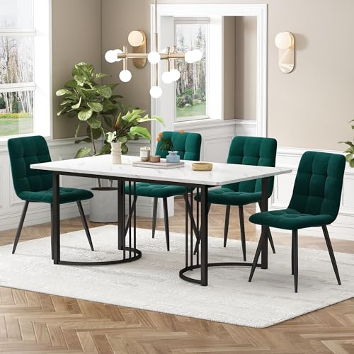 DRIXNO Essgruppe (5-TLG),mit 4 Stühlen Set, 140×80cm Küchentisch mit Schwarz Metallbeinen, MDF Tischplatte in Weißer,Dunkelgrün Samt Esszimmerstühle