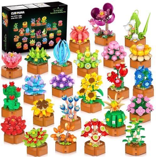 CUBIMANA 24er Blumen Botanicals Mini Bausätze für Mädchen Erwachsene ab 10+ | 2160 Teile 3,6mm Klemmbausteine Set mit künstlichen Blume, Deko für Home Zimmer, Kinder Geschenke für Weihnachten Geburtstage