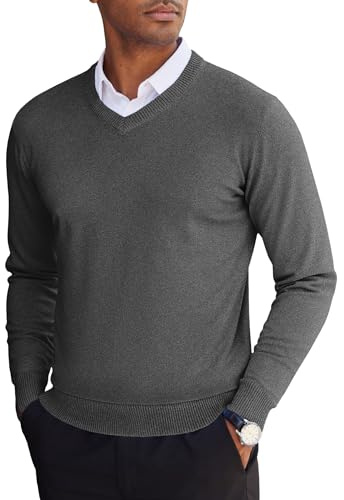 COOFANDY Jersey Hombre de Cuello en V Suéter de Punto Cálido Jersey de Vestir de Manga Larga Sueter Informal de Negocios Suéter de Invierno de Corte Regular Gris Oscuro XXL