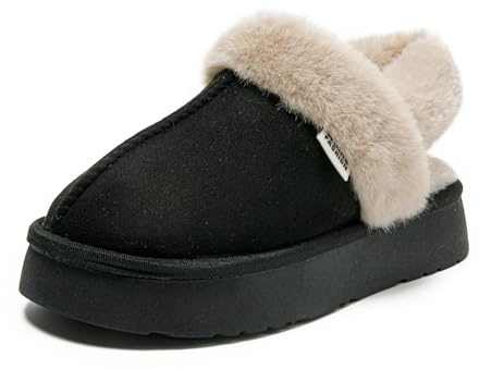JOMIX Zapatillas de Casa Mujer Invierno con Pelo Pantuflas Peluche Punta Cerrada Destalonadas Correa Trasera Efecto Ante Suela Plataforma Antideslizante Ligera Cómodas y Calentitas WPW255142 Negro 38