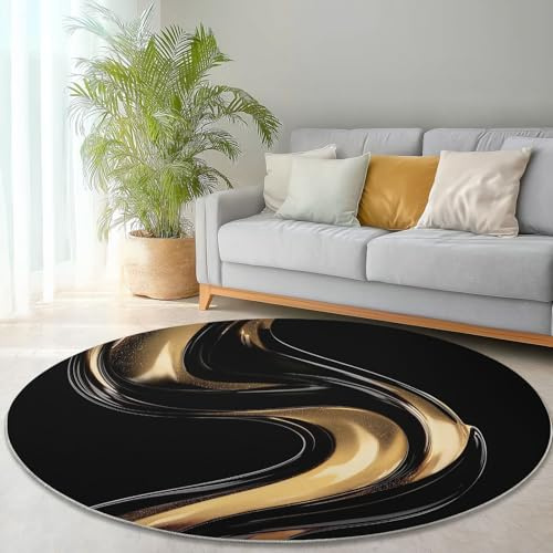 Genérico Alfombra Redonda de 160 cm, Simple Líquido Metal Estampados Lavable Alfombras, Negro Suaves Pelo Corto Alfombra para Salón Dormitorio Estudio Comedor Decoración
