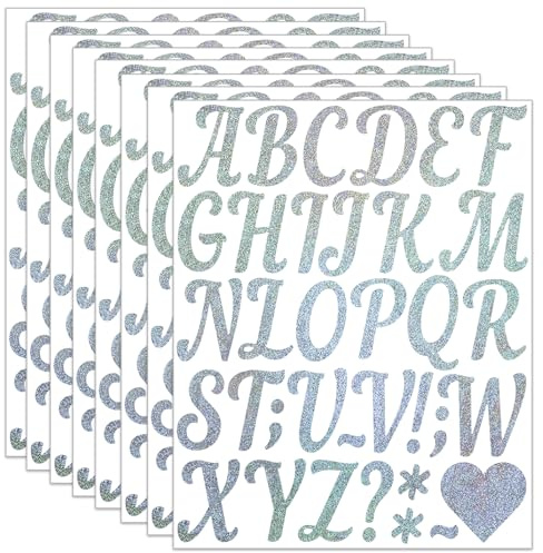 5 cm Glitzer Buchstaben Aufkleber Set, 296 Stück/8 Blatt Groß Buchstaben Aufkleber, Selbstklebend Wasserdichte Vinyl Sticker für Hochzeit Geburtstag Briefkasten DIY Scrapbooking (Silber)