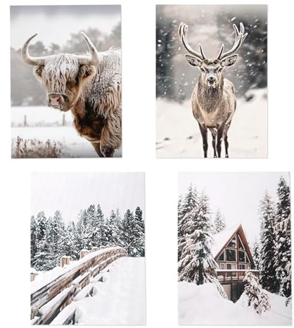 4 Stück Winterliche Wandbilder Set Rahmenlos Poster Weihnachtsbilder Weihnachtsdeko Bilder Winter Deko Winter Aesthetic Weihnachten Leinwand Drucke Hirsch und Highland Rind 20x30cm für Wohnzimmer